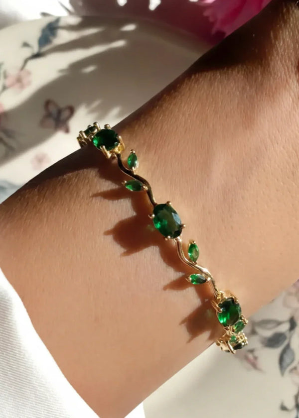 RJ | Green Crystal Stones Tulip Bracelet - Forest green, golden orange